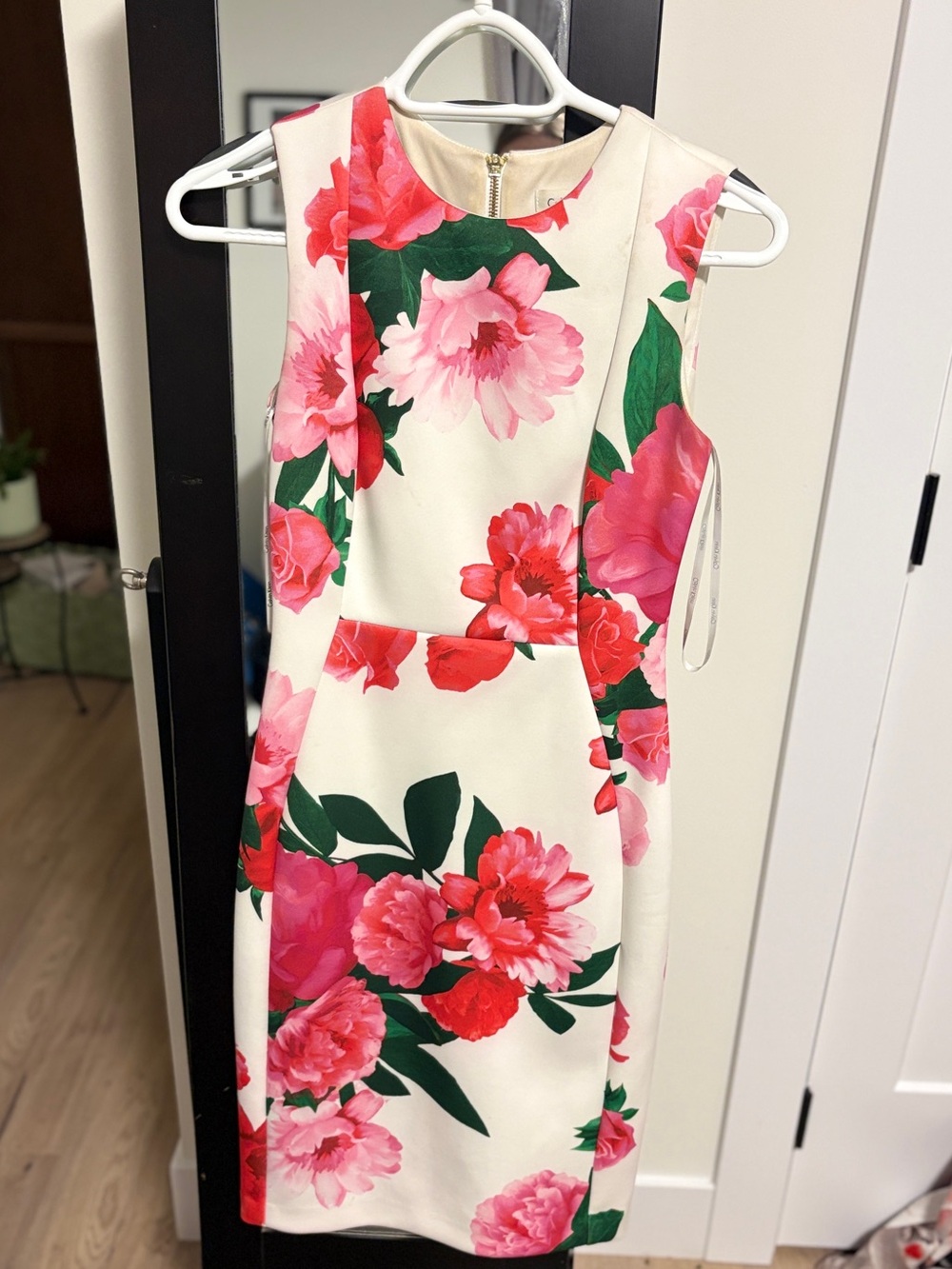 Calvin Klein Ivory Midi Dress with Pink & Red Floral Print